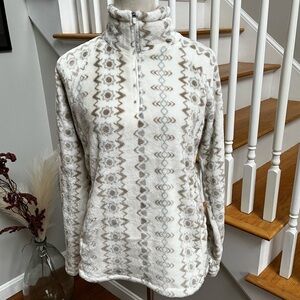 Eddie Bauer Women’s Medium Fleece Jacket 1/4 zip Cream Tan Gray Pockets Soft